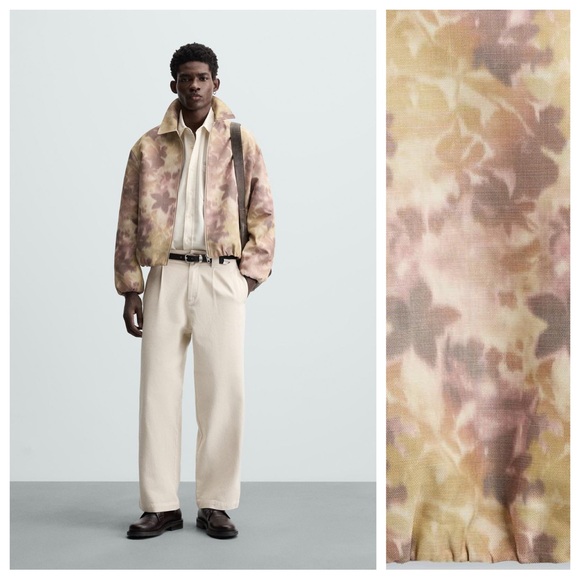 NWT. Zara Man Peach Textured Floral Print Relaxed Fit Jacket. Size M.